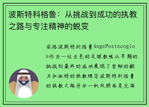 波斯特科格鲁:从挑战到成功的执教之路与专注精神的蜕变 波斯特科格鲁:从挑战到成功的执教之路与专注精神的蜕变