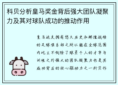 科贝分析皇马奖金背后强大团队凝聚力及其对球队成功的推动作用 科贝分析皇马奖金背后强大团队凝聚力及其对球队成功的推动作用